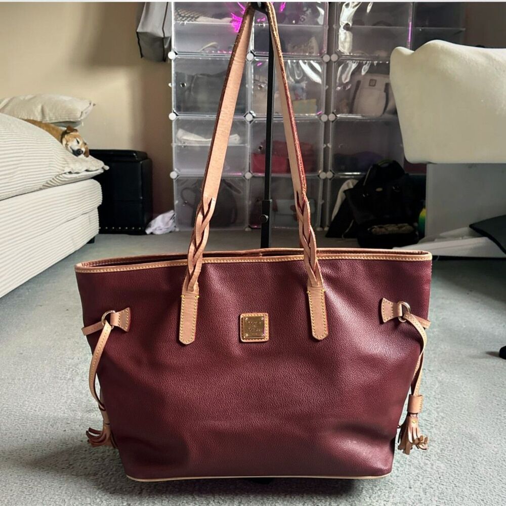 Dooney & Bourke Burgundy Leather Satchel Braided Handles Tassel Shoulder Tote